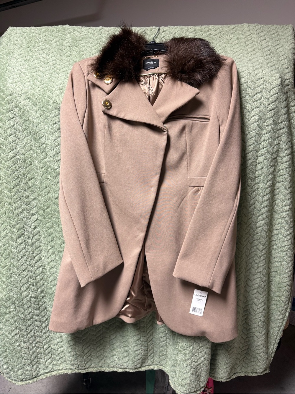 bebe Taupe Coat with Removable Dark Brown Faux Fur Collar